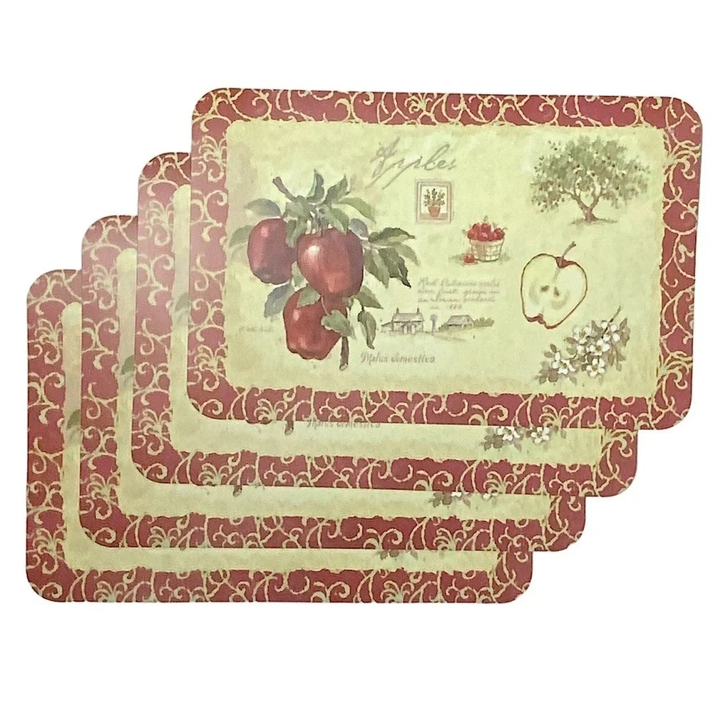 Apple Pear Orchard Placemats  Reversible Easy Care Farmhouse Set of 4 Red Green